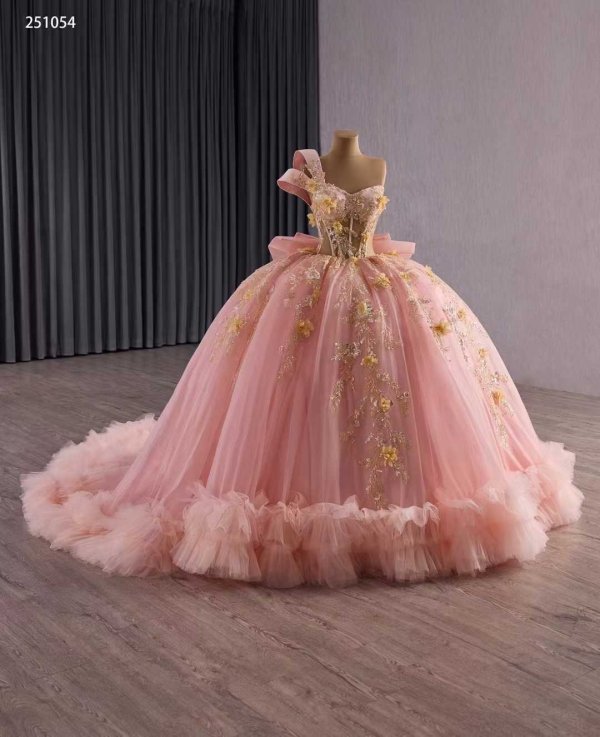 luxury model pink sweetheart neck bow pleats applique prom dress quinceanera dress 251054