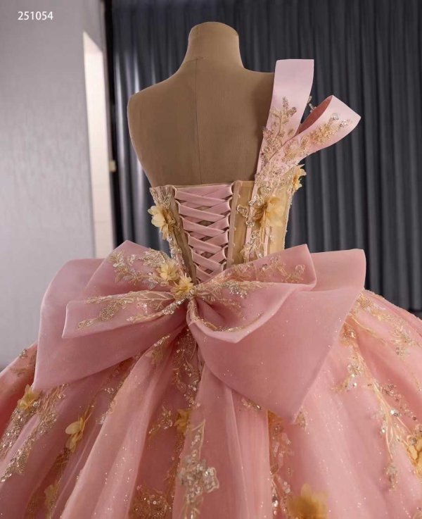 luxury model pink sweetheart neck bow pleats applique prom dress quinceanera dress 251054
