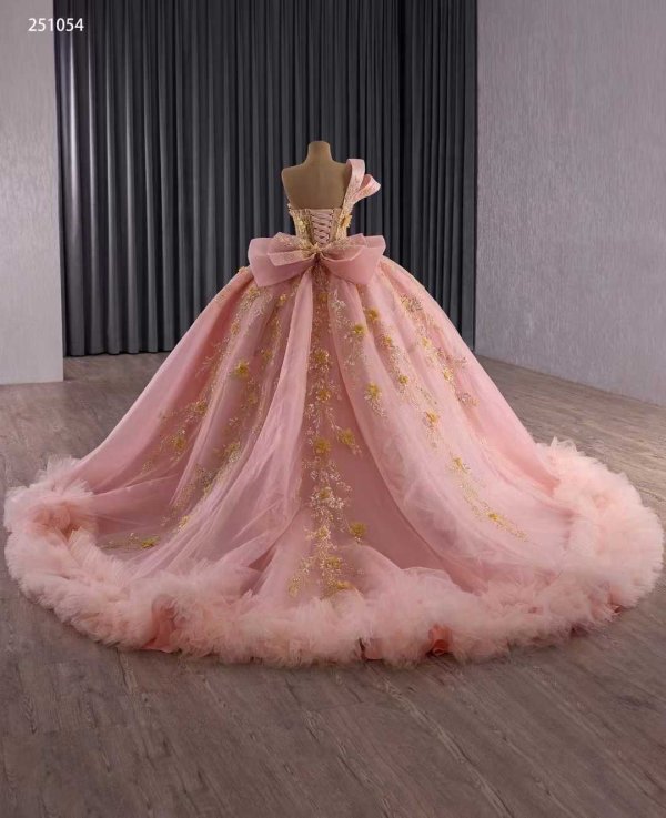luxury model pink sweetheart neck bow pleats applique prom dress quinceanera dress 251054