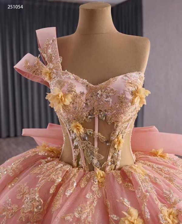 luxury model pink sweetheart neck bow pleats applique prom dress quinceanera dress 251054
