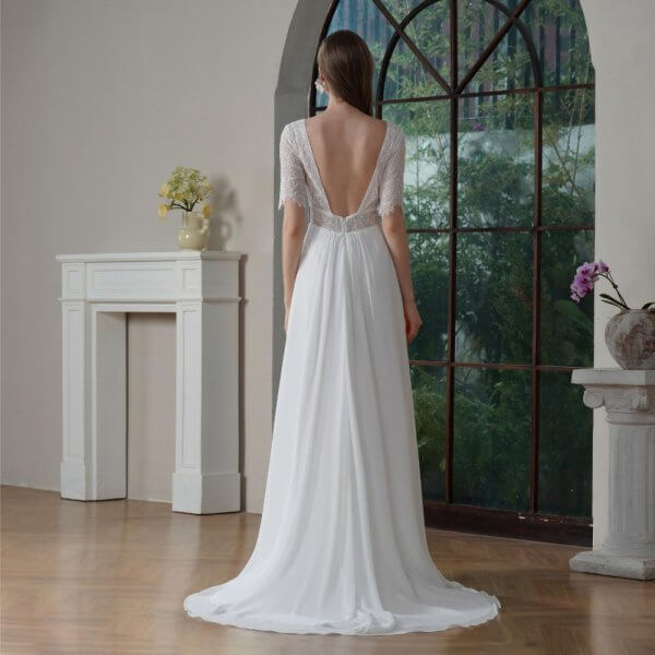 Simple A Line Wedding Dress Lace Chiffion Short Sleeve V Neck Sweep Strain Bridal Dress Party Gowns 30812