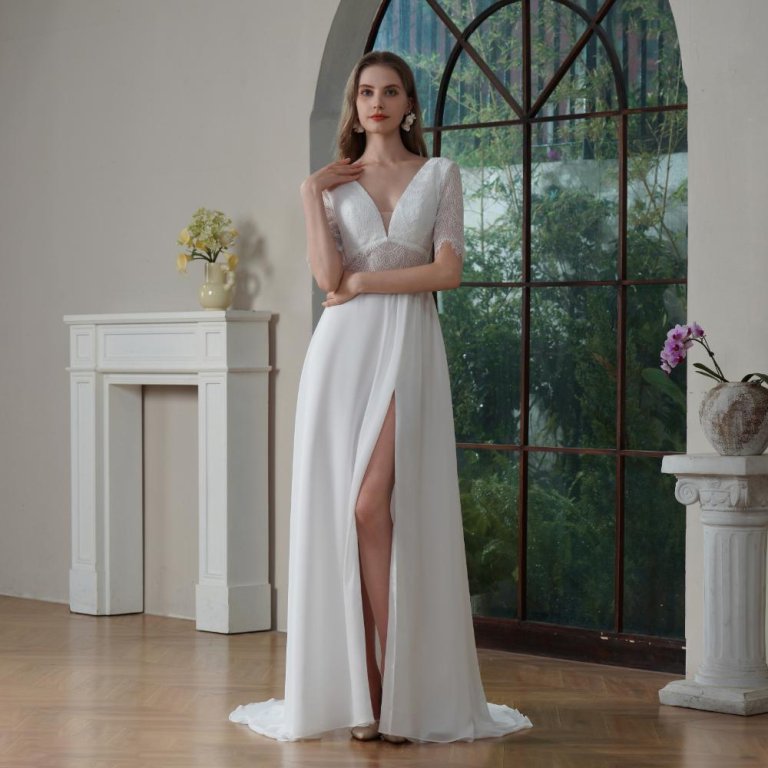 Simple A Line Wedding Dress Lace Chiffion Short Sleeve V Neck Sweep Strain Bridal Dress Party Gowns 30812