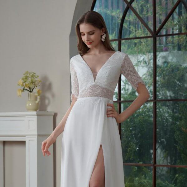 Simple A Line Wedding Dress Lace Chiffion Short Sleeve V Neck Sweep Strain Bridal Dress Party Gowns 30812