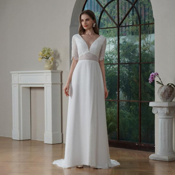 Simple A Line Wedding Dress Lace Chiffion Short Sleeve V Neck Sweep Strain Bridal Dress Party Gowns 30812