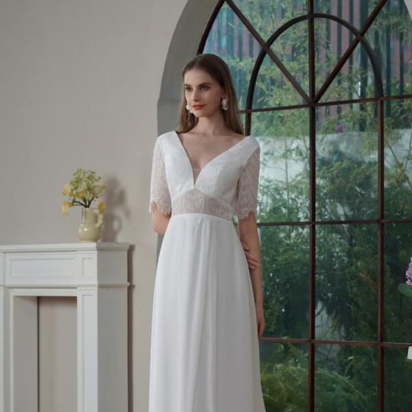 Simple A Line Wedding Dress Lace Chiffion Short Sleeve V Neck Sweep Strain Bridal Dress Party Gowns 30812