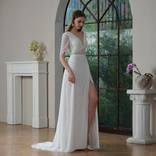 Simple A Line Wedding Dress Lace Chiffion Short Sleeve V Neck Sweep Strain Bridal Dress Party Gowns 30812