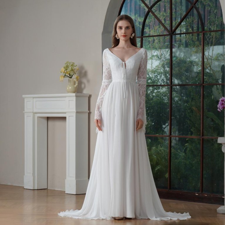 simple a line wedding dress lace chiffion long sleeve v neck sweep strain bridal dress party gowns 30814