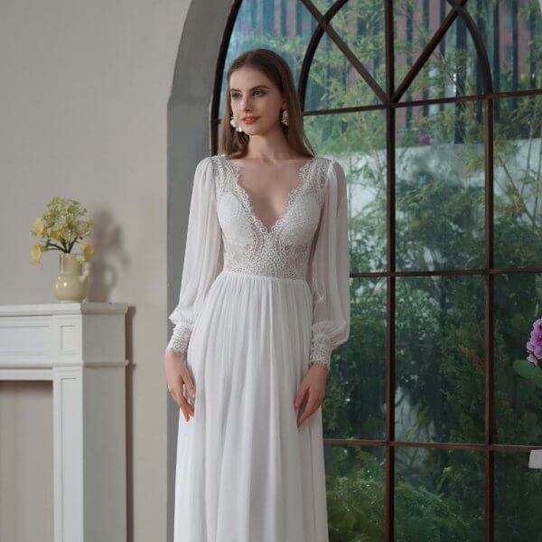 elegant a line wedding dress lace chiffion long sleeve v neck sweep strain bridal dress party gowns 30814