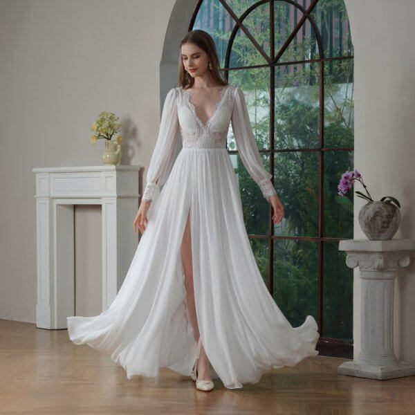 Elegant A Line Wedding Dress Lace Chiffion Long Sleeve V Neck Sweep Strain Bridal Dress 30818