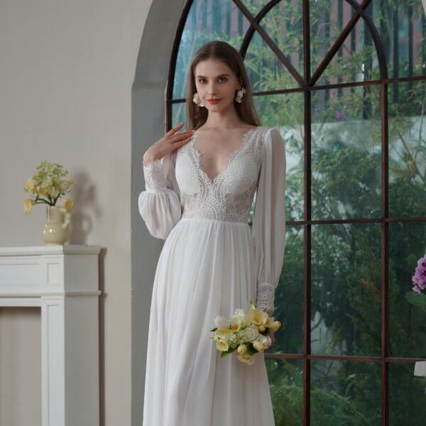 Elegant A Line Wedding Dress Lace Chiffion Long Sleeve V Neck Sweep Strain Bridal Dress 30818