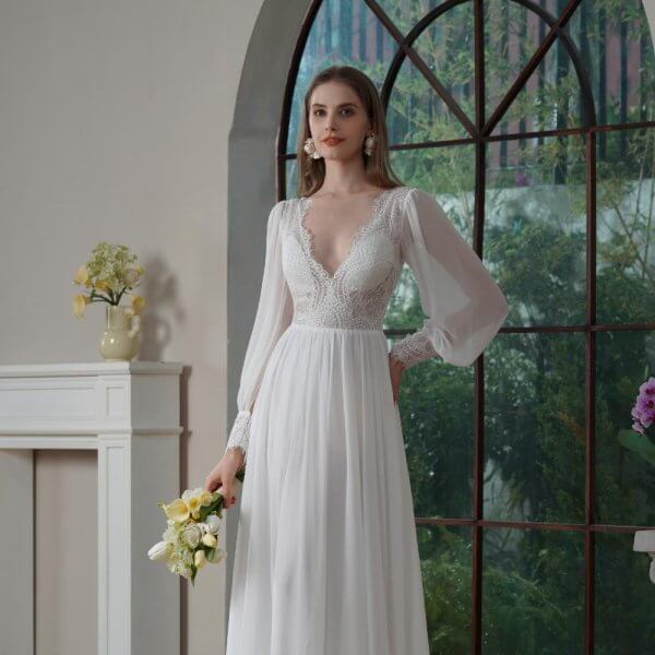 Elegant A Line Wedding Dress Lace Chiffion Long Sleeve V Neck Sweep Strain Bridal Dress 30818