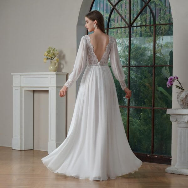 Elegant A Line Wedding Dress Lace Chiffion Long Sleeve V Neck Sweep Strain Bridal Dress 30818