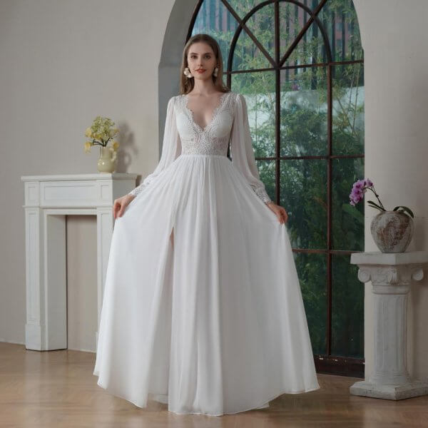 Elegant A Line Wedding Dress Lace Chiffion Long Sleeve V Neck Sweep Strain Bridal Dress 30818