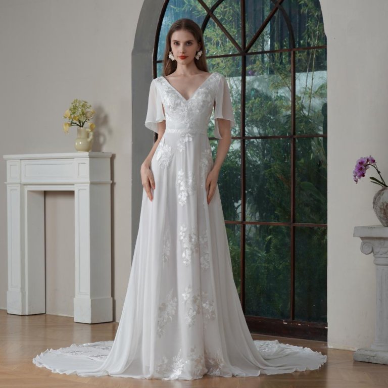 elegant a line wedding dress cap sleeve v neck sweep strain bridal dress 30916