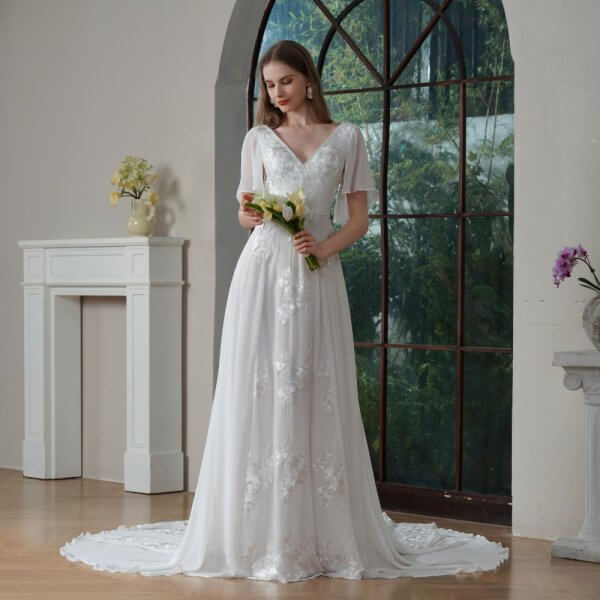elegant a line wedding dress cap sleeve v neck sweep strain bridal dress 30916
