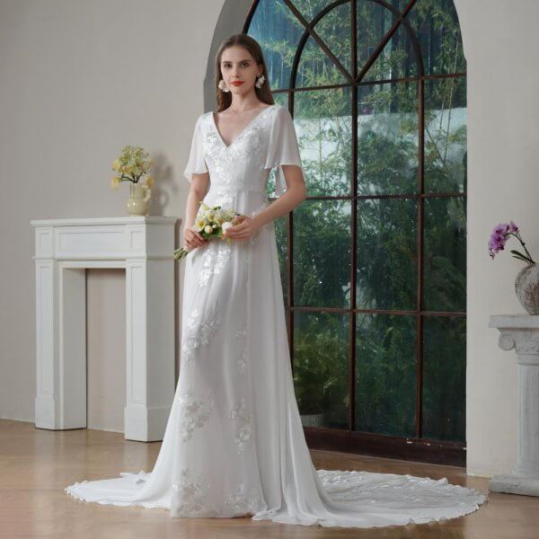elegant a line wedding dress cap sleeve v neck sweep strain bridal dress 30916
