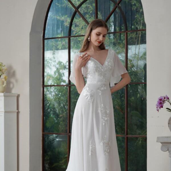 elegant a line wedding dress cap sleeve v neck sweep strain bridal dress 30916