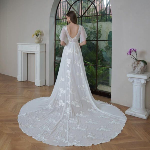 elegant a line wedding dress cap sleeve v neck sweep strain bridal dress 30916