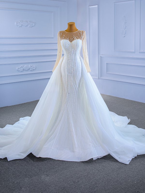 luxury model long sleeve detachable train pearls mermaid wedding dress 67315