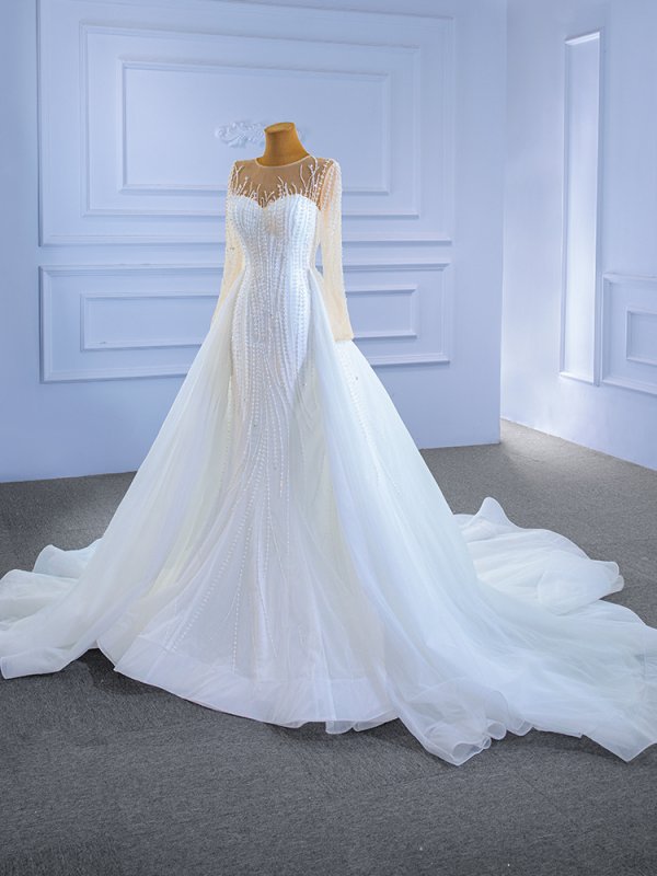 luxury model long sleeve detachable train pearls mermaid wedding dress 67315