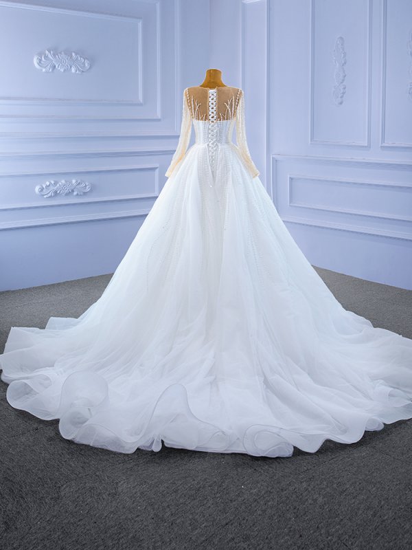 luxury model long sleeve detachable train pearls mermaid wedding dress 67315