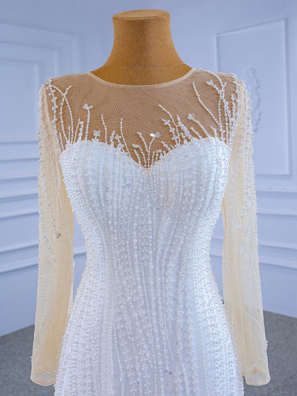 luxury model long sleeve detachable train pearls mermaid wedding dress 67315