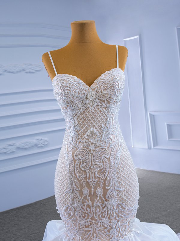 luxury model spaghetti long sleeve lace mermaid wedding dress 67315 (复制)