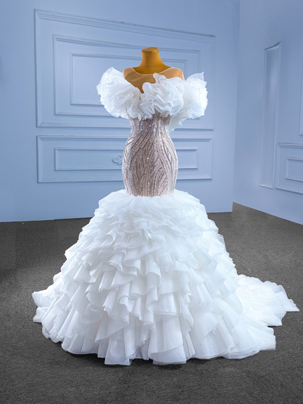 luxury model ruffles sleeveless pleats long tiered mermaid wedding dress 67569