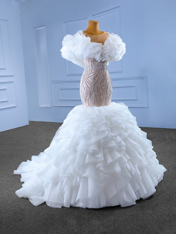 luxury model ruffles sleeveless pleats long tiered mermaid wedding dress 67569