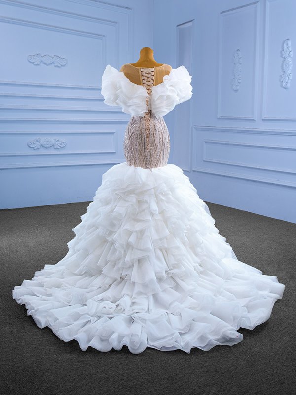 luxury model ruffles sleeveless pleats long tiered mermaid wedding dress 67569