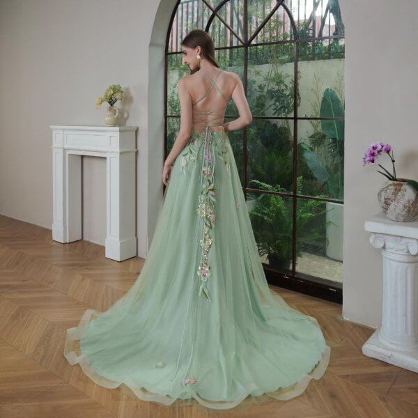 sexy back green applique tull sleeveless sweep strain split a line wedding dress 680