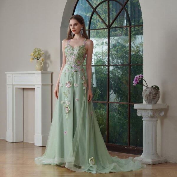 sexy back green applique tull sleeveless sweep strain split a line wedding dress 680