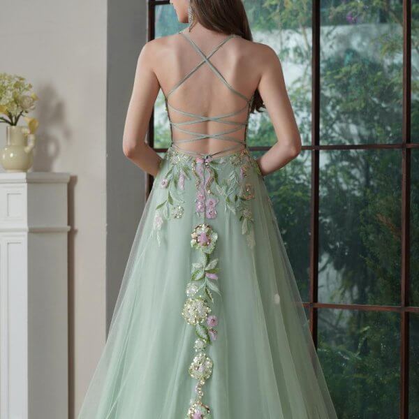 sexy back green applique tull sleeveless sweep strain split a line wedding dress 680