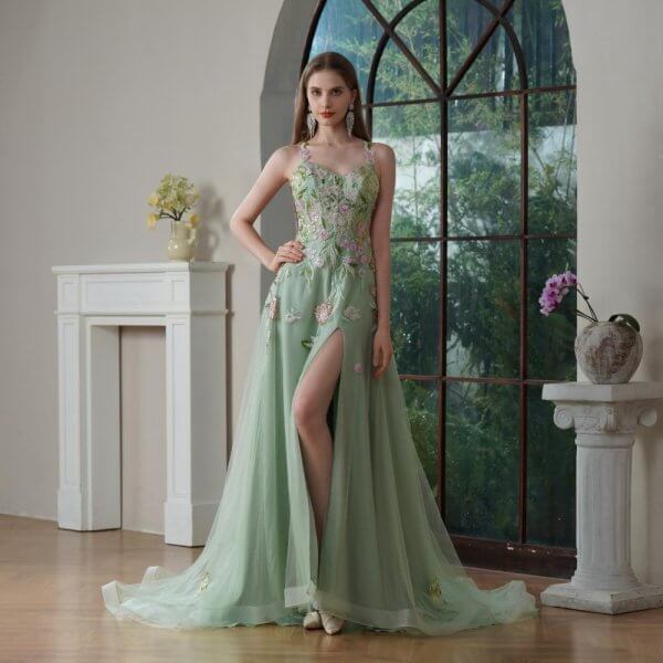 sexy back green applique tull sleeveless sweep strain split a line wedding dress 680