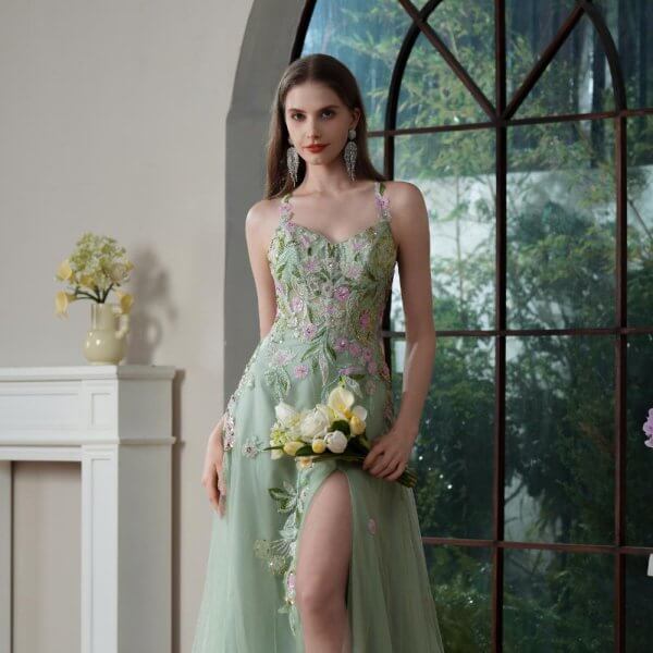 sexy back green applique tull sleeveless sweep strain split a line wedding dress 680