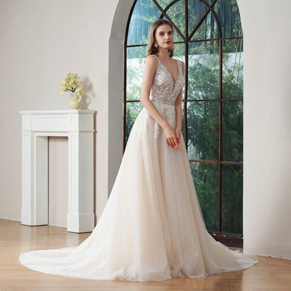 elegant a line long wedding dress v neck tull applique bridal dress ag498