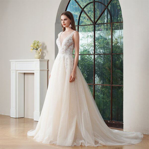 elegant a line long wedding dress v neck tull applique bridal dress ag498