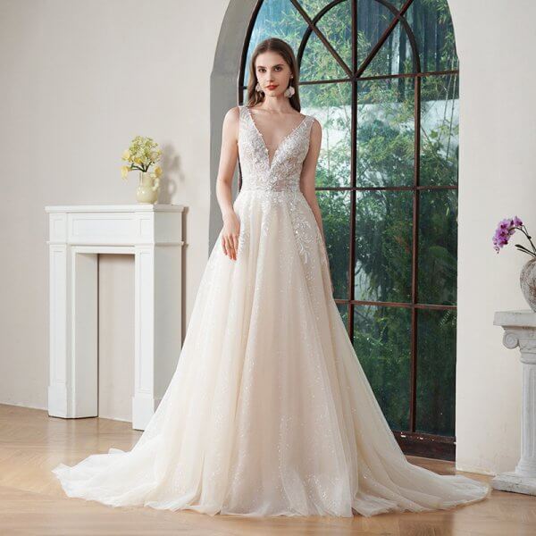elegant a line long wedding dress v neck tull applique bridal dress ag498