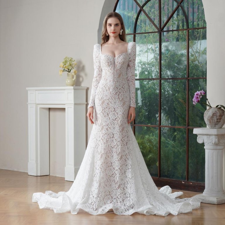 elegant long sleeve mermaid wedding dress sweetheart neck lace bridal dress bd25001