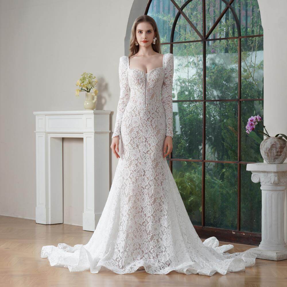 elegant long sleeve mermaid wedding dress sweetheart neck lace bridal dress bd25001