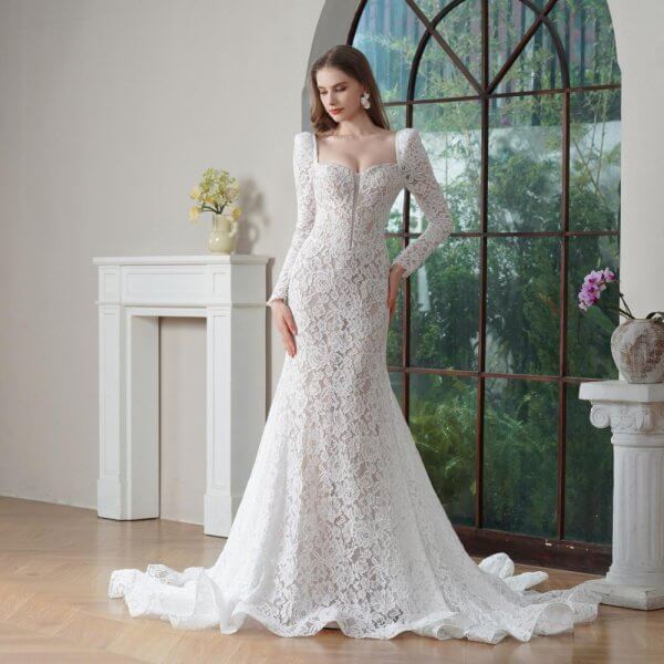 elegant long sleeve mermaid wedding dress sweetheart neck lace bridal dress bd25001