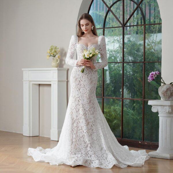 elegant long sleeve mermaid wedding dress sweetheart neck lace bridal dress bd25001