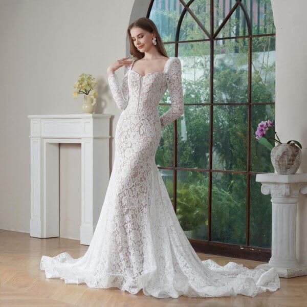 elegant long sleeve mermaid wedding dress sweetheart neck lace bridal dress bd25001