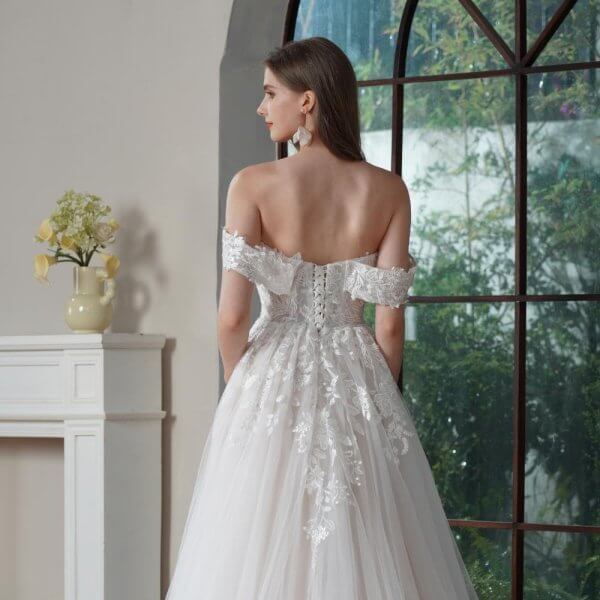 off the shoulder a line wedding dress sweetheart neck lace applique bridal dress bd25012