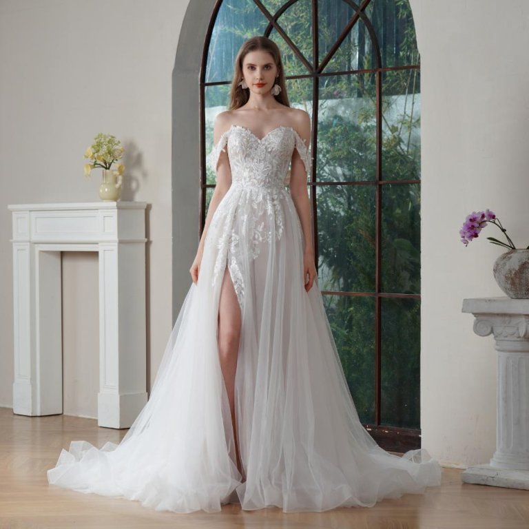 off the shoulder a line wedding dress sweetheart neck lace applique bridal dress bd25012