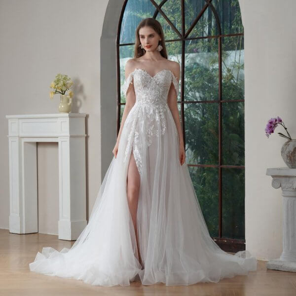 off the shoulder a line wedding dress sweetheart neck lace applique bridal dress bd25012