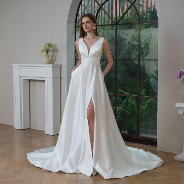 elegant a line wedding dress v neck stain split sweep strain bridal dress bd25013