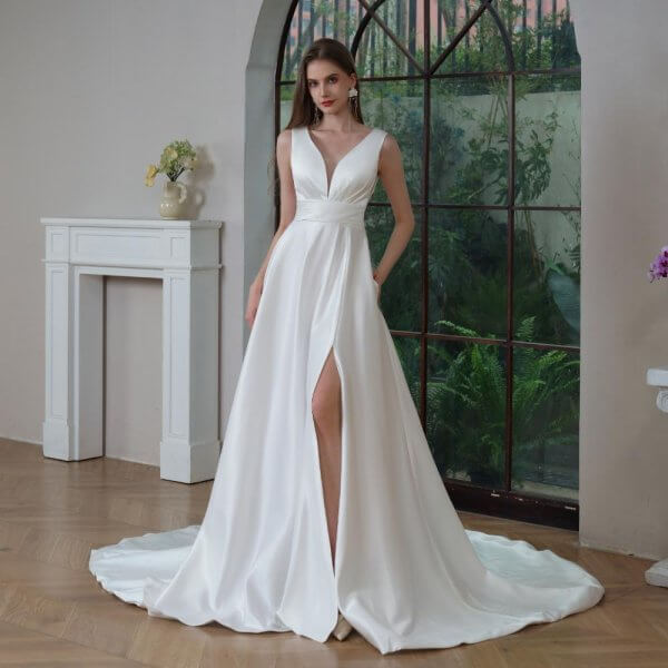 elegant a line wedding dress v neck stain split sweep strain bridal dress bd25013