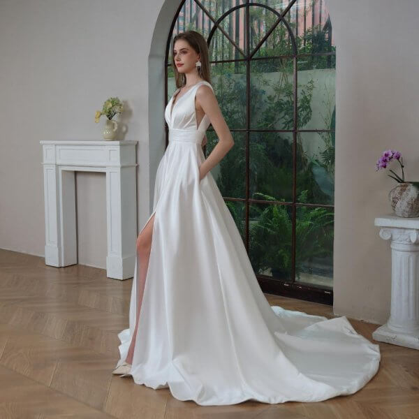 elegant a line wedding dress v neck stain split sweep strain bridal dress bd25013