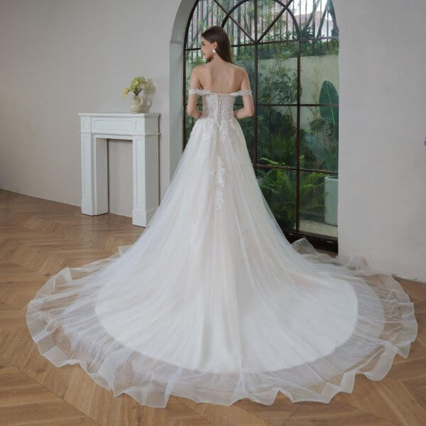 elegant a line wedding dress off the shoulder neck pleat tull split sweep strain bridal dress bd25013 (复制)